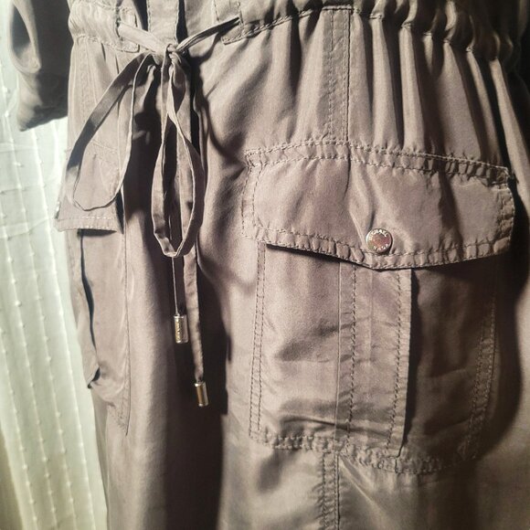 Michael Kors Silk Shirt Dress Taupe - 3/4 Button Tab Sleeves Cinch Waist - Sz M - Picture 4 of 11